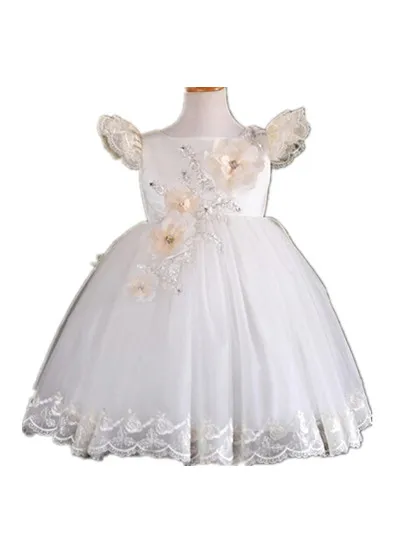 BABY WOW Baby Girl Christening Gowns Dresses 1 Year Birthday Dress White Ivory Flying Sleeve Vestido