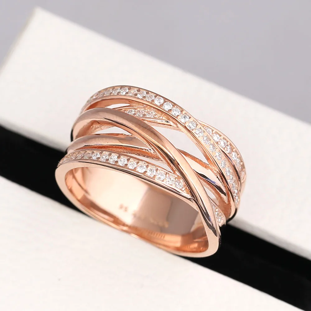 High Quality Entwined Ring Clear CZ & Rose Gold Rings For Woman Brand