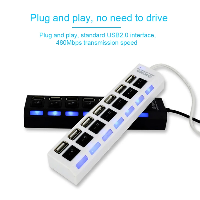 Basix USB концентратор 2,0 Мульти USB порт 4/7 порты концентратор Высокоскоростной usb-порт Hab с переключателем включения/выключения USB разветвитель для ПК Компьютерные аксессуары