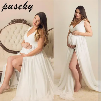

White Chiffon Maternity Gown V-neck Maternity Photogrpahy Dresses Sleeveless Maternity Photo Shoot Long Woman Pregnant Dress