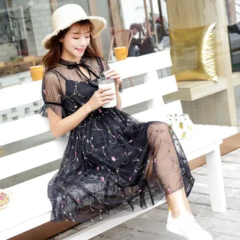 

2 Piece/Set Short Sleeves Boho Midi Dress Women Black Mesh Embroidery Evening Party Dresses Bohemian Sweet Floral Lace Dres
