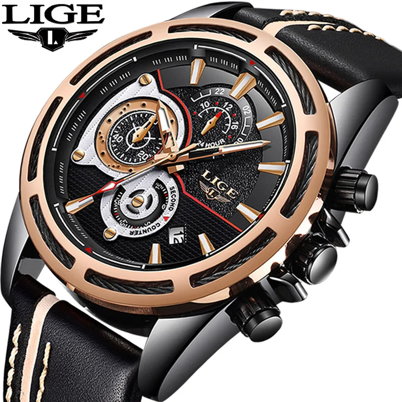 

LIGE Military Sports Watches Nens Top Brand Luxury Leather Quartz Watch Men's Casual Fashion Waterproof Clock Relogio Masculino