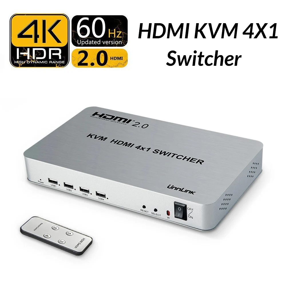 Unnlink HDMI 2,0 4X1 KVM коммутатор 4 порта USB KVM HDCP 2,2 HDR HDMI коммутатор UHD 4 k@ 60 Гц 1080P с для 4 настольных компьютеров и ноутбуков