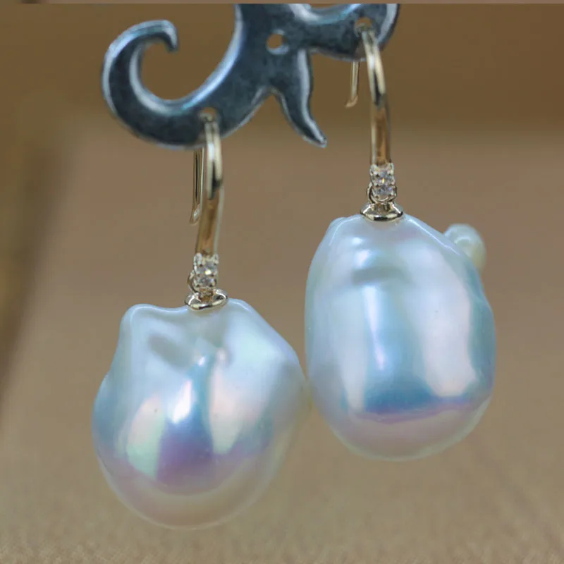 

Women Gift word 925 Sterling silver real The baroque style unique 15-16mm large shaped Pearl Earrings Handmade custom 925 Sterli