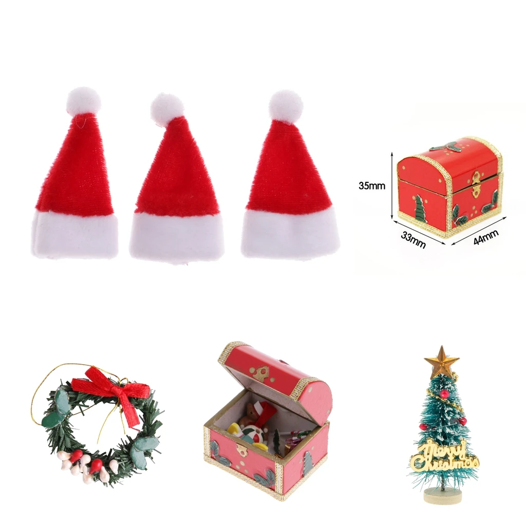 

6 Pieces Lovely 1/12 Dollhouse Miniatures Santa Claus Hat Wreath Gift Christmas Party Decoration Tree In Wooden Box