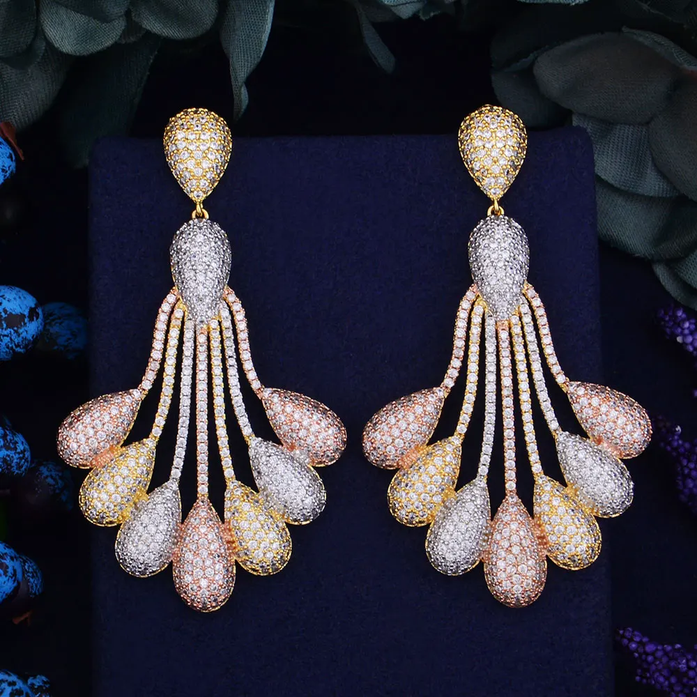 

GODKI Luxury Peacock Tail Flower Trendy Cubic Zirconia 3 Tone Metal Color Wedding Party Drop Earring Fashion Jewelry for Women