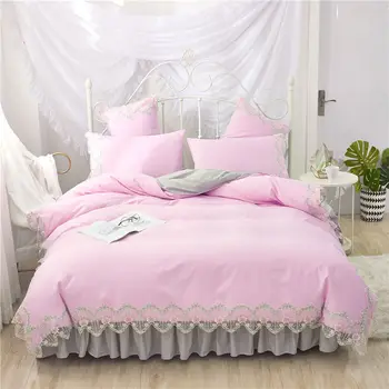 

Pink gray lace bedding sets full queen king duvet cover princess girls bed skirt Korean bedclothes beautiful quilt cover sets