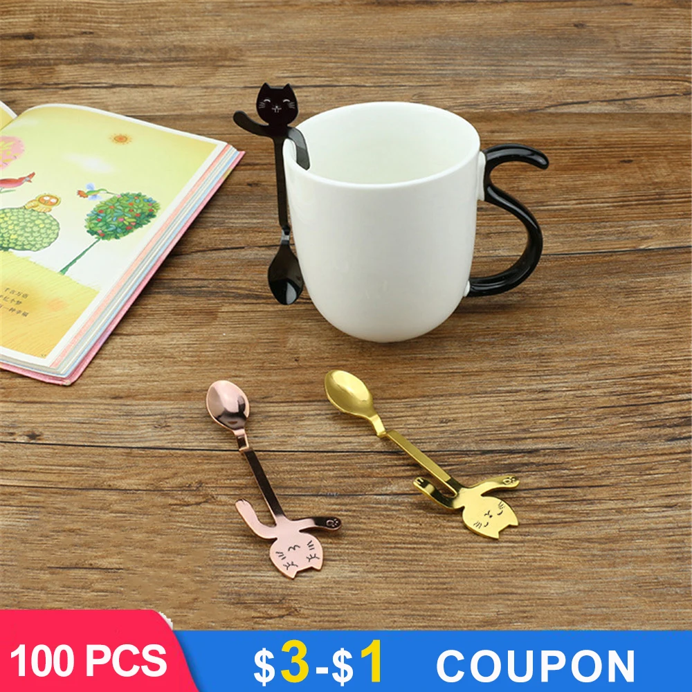 

Lovely Cat Spoon Long Handle Spoons Flatware Coffee Stainless Steel Drinking Tools Cup Accessories Scoops Creative Coffee Spoon