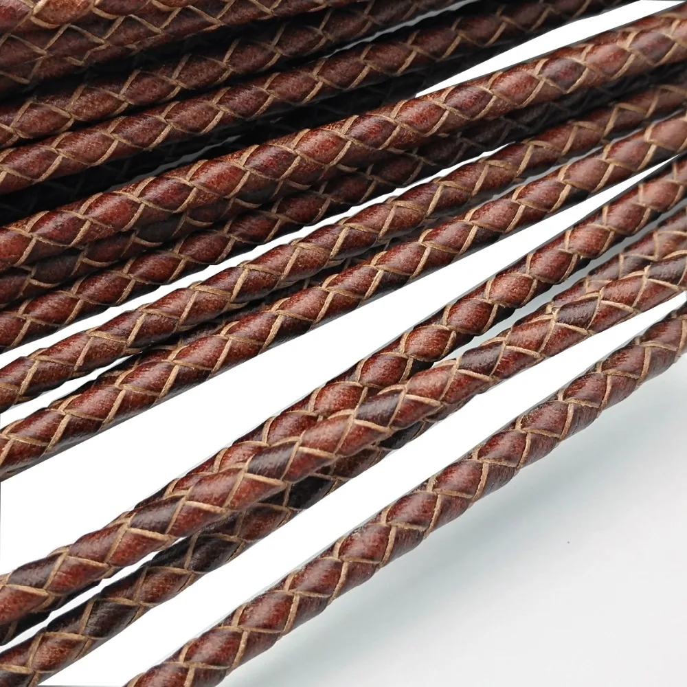 1 Yard 4mm Diameter Round Distressed Brown Braided Bolo Leather Strap