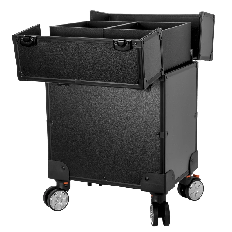 TENSUNVIS Black 4 Rolling Wheel MDF Artist Makeup Cosmetic Train Case Lockable Box Rolling Trolley Cosmetic Case