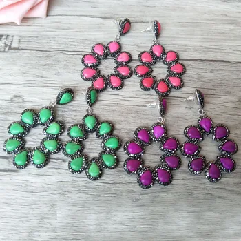 

6 pairs Gorgeous Flower Vintage Bohemia Pendants Water drop Semi Precious Stone charm Bohemian Style Earrings for Women ER247
