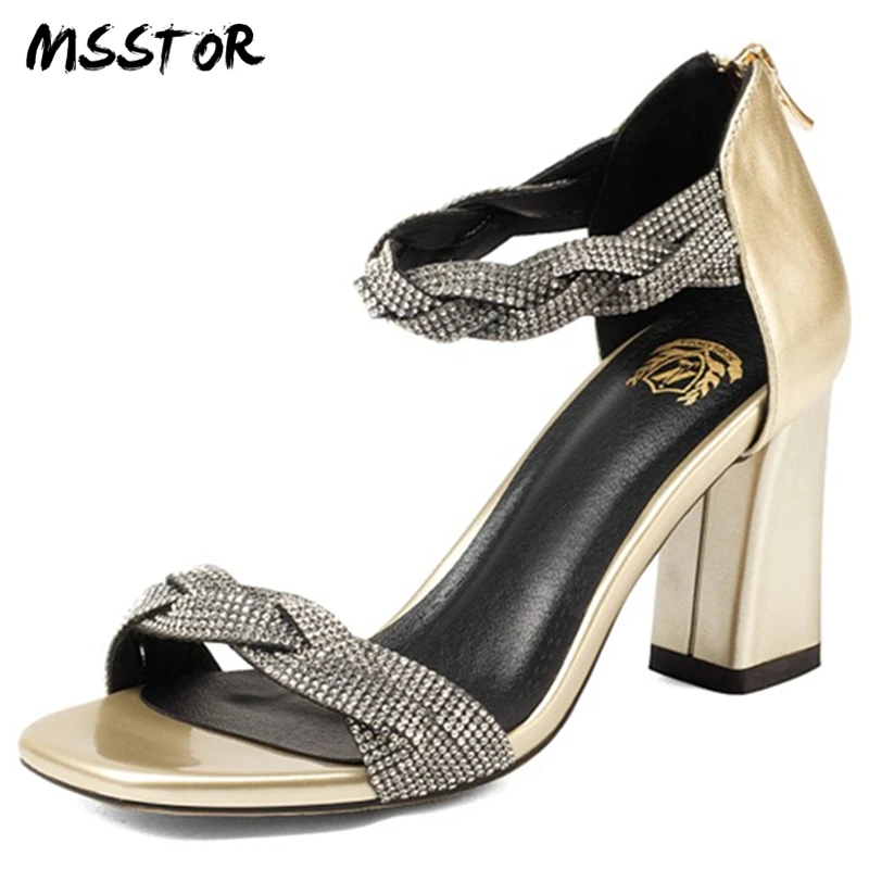 

MSSTOR Concise Fashion Zip Woman Sandals 2018 Summer Silver Genuine Leather Peep Toe Block Heels Ladies Sandals Crystal Pumps