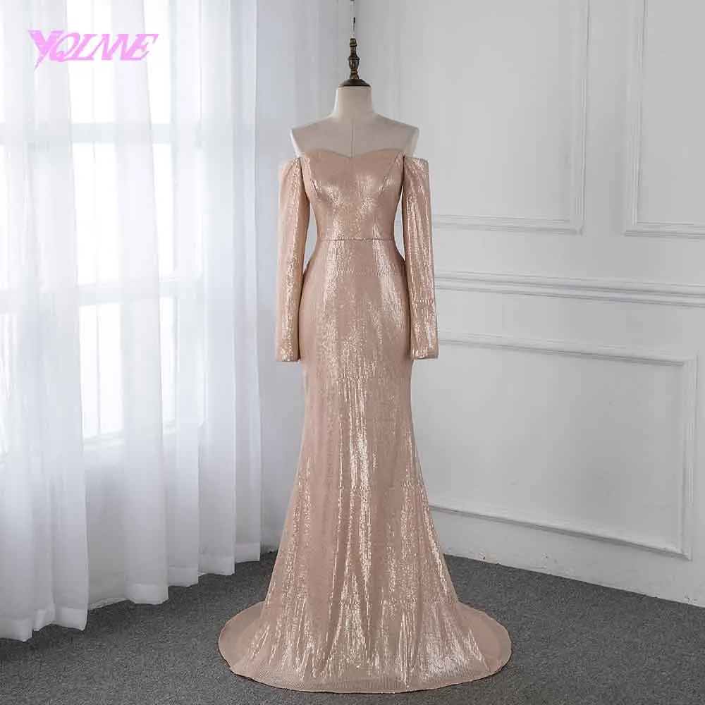 

YQLNNE Off the Shoulder Prom Dresses Champagne Sequins Long Sleeve Formal Evening Gown Dress 2019