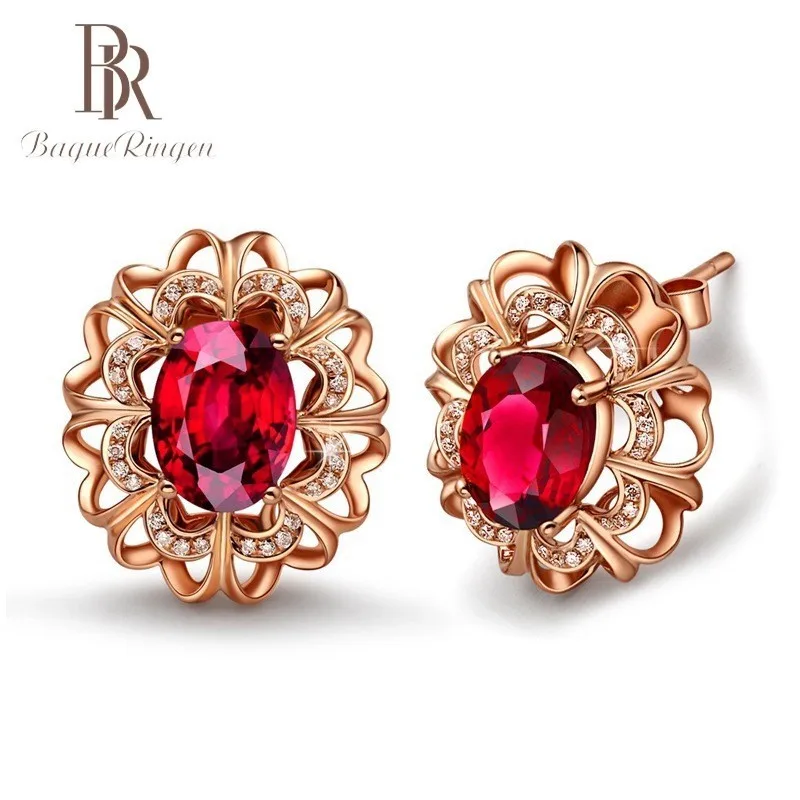 Женские овальные серьги гвоздики Begua Ringen из розового золота с рубином модные оригинальные серебра 925 пробы
