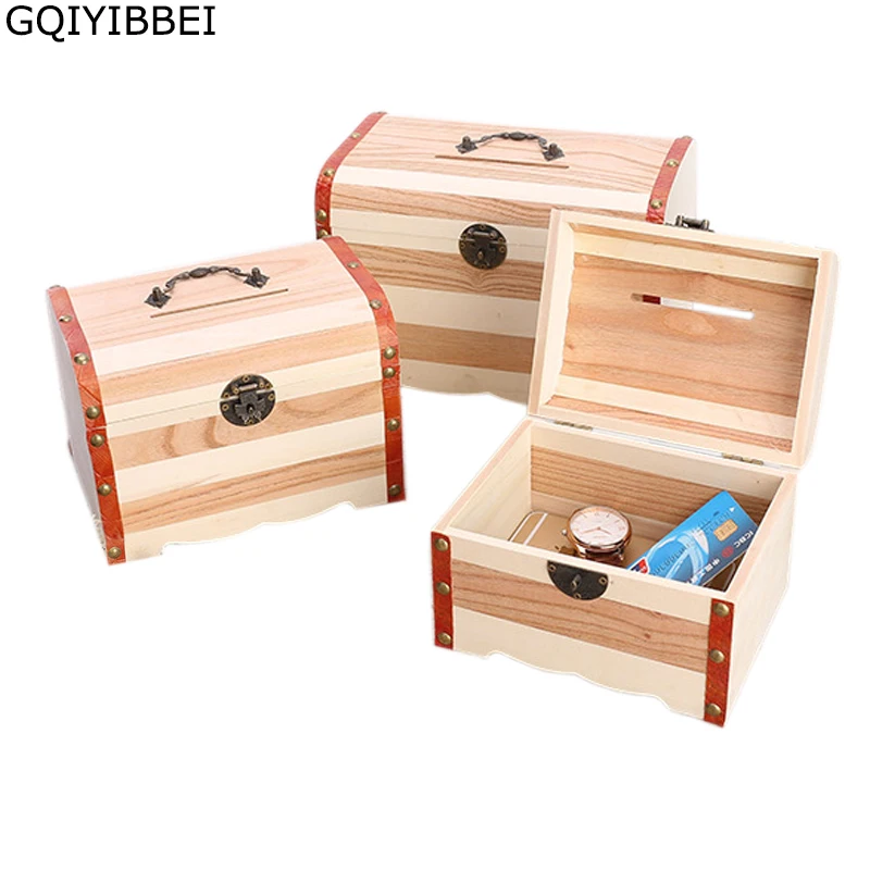  GQIYIBBEI Woody Antique Treasure Box Piggy Bank Face Coin Bank Safe Money Box For Children Gift Hom