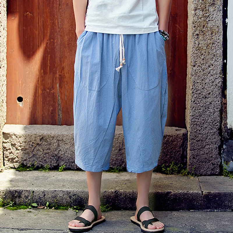 Pria Kapas Linen Cropped Celana Musim 