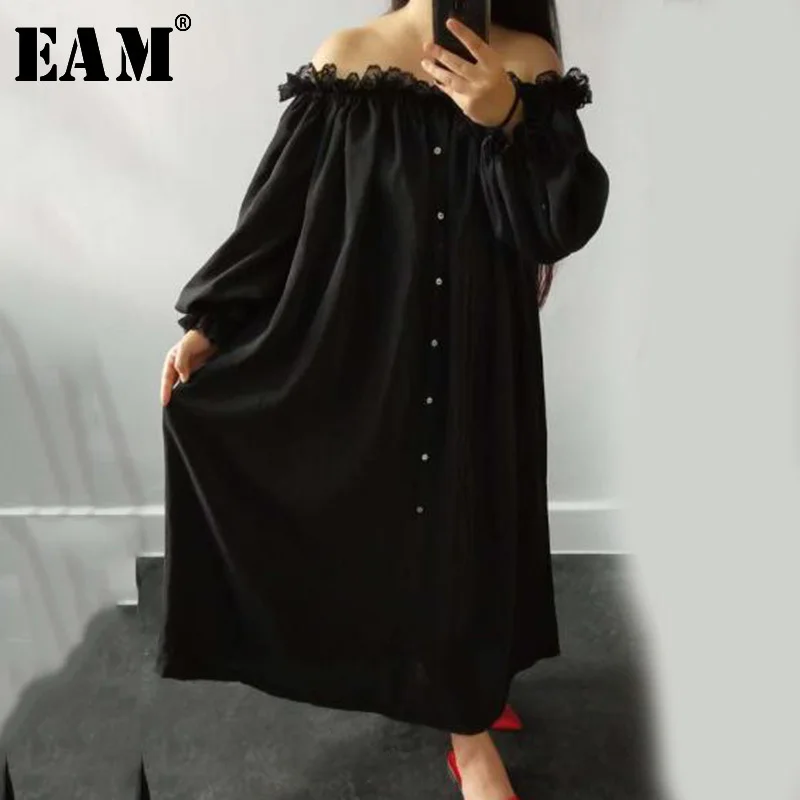 

[EAM] 2019 Spring Summer Woman Temperament Stylish Black Color Long Puff Sleeve Spliced Lace Slash Neck Long Loose Dress LG028