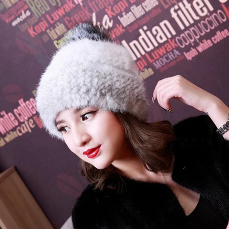 

Top Real Mink Fur Knitted hat Beanie Hat Female Winter Wear Natural Fur Hat Skullies MZ110