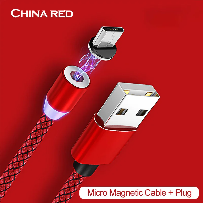 Магнитный светодиодный usb-кабель для быстрой зарядки для iphone 6, 6s, 7, 8, XS, X, шнур зарядного устройства для samsung s9/10 type-C, Micro USB кабель для зарядки телефона - Цвет: Red For Micro USB