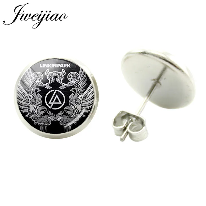 JWEIJIAO, модные серебряные серьги Linkin Park, рок-группа, знак, серьги-гвоздики, стеклянный кабошон, изображение купола, ювелирные изделия для фанатов LK23 - Окраска металла: LK33