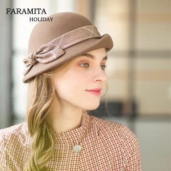 

Faramita Holiday Wool Bucket Hat Elegant Women Hats Ladies Winter Autumn Spring Cap Warm Decoration Female Top High Quality Caps