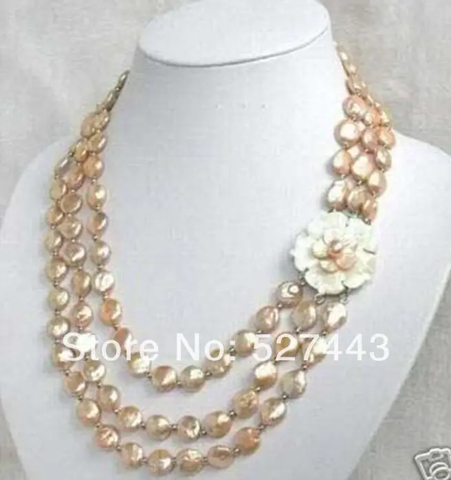 

Wholesale fast 3Strds11-12MM Pink Akoya Coin Cultured Pearl Necklace Shell Flower Clasp
