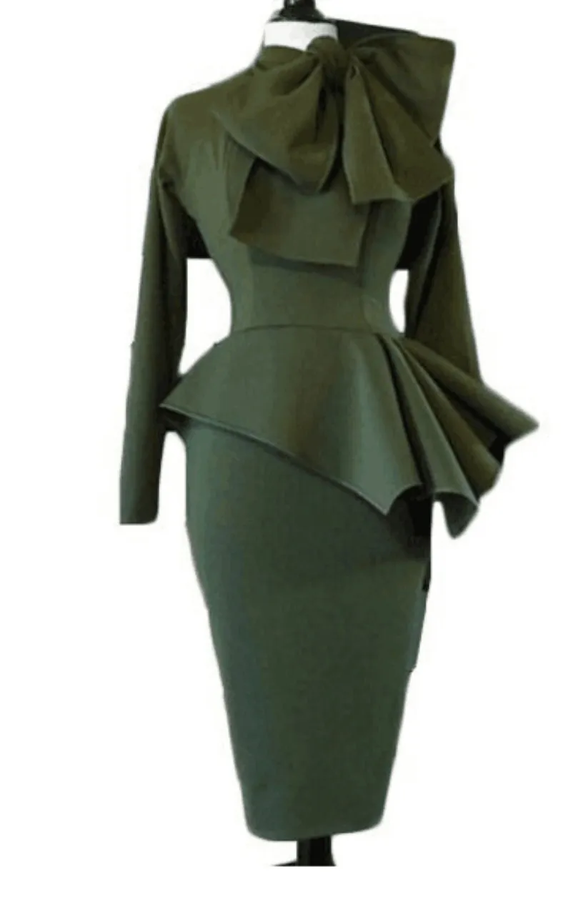 

New dark green long-sleeved bow neck bag hip slim dress