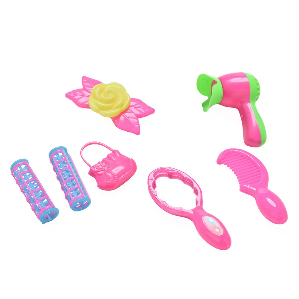 7 Pcs/lot Lovely Plastic doll Makeup Toy Hair Dryer Hairpin Mirror Comb