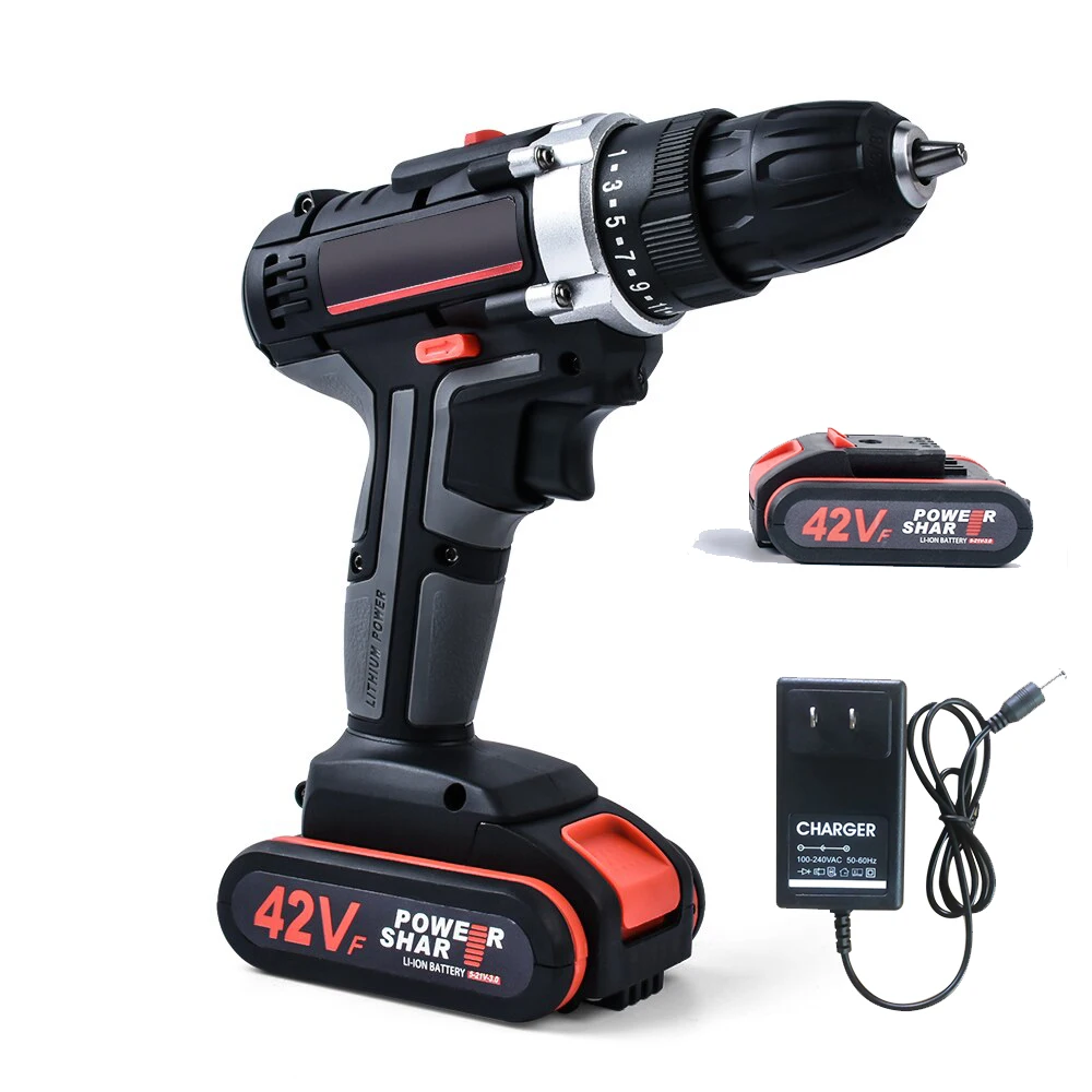 

42VF Double Speed Cordless Rechargeable Electric Drill Lithium Battery Powered Electric Hand Drill with 2pcs Battery