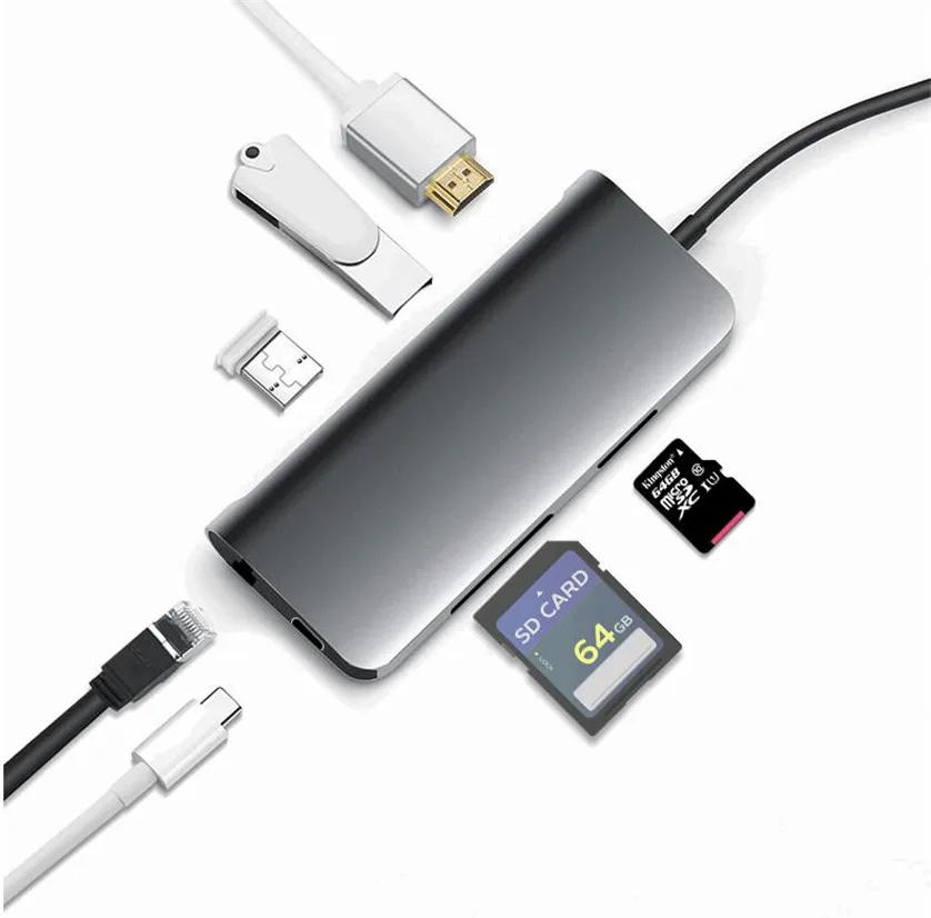 

USB C HUB 8 in 1 USB-C HUB Type-c to Multi USB 3.0 HDMI 4k RJ45 Power Adapter SD TF Card Reader Type C HUB For Macbook S8 S9 S10