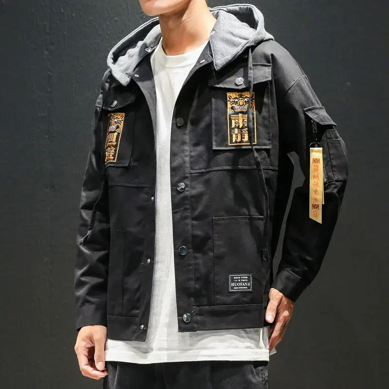 MR-DONOO осенняя куртка с несколькими карманами, мужская Молодежная куртка с вышивкой в китайском стиле, ретро пальто большого размера JK1001 - Цвет: Черный