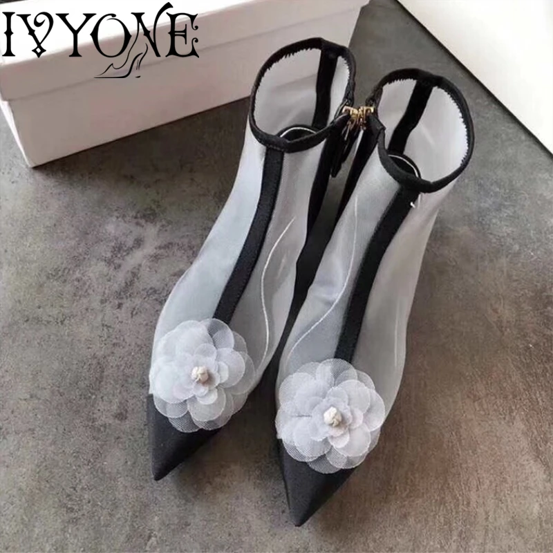 

Fashion Summer Women Ankle Boots Med Heels Air Mesh Black Zipper Ladies Sandals Boots Breathable Pointed Toe Party Shoes