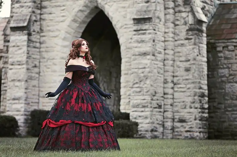 Red Black Lace Wedding Gown with Vintage Lace-up Corset and Off-Shoulder Sleeves - Gothic Belle, Steampunk Sleeping Beauty, Plus Size Bridal Gown image 3