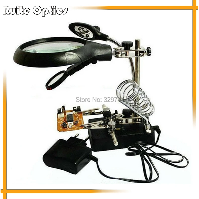 Soldering Iron Stand Magnifier Magnifying Glass with LED Illuminated Auxiliary Clip AC/DC