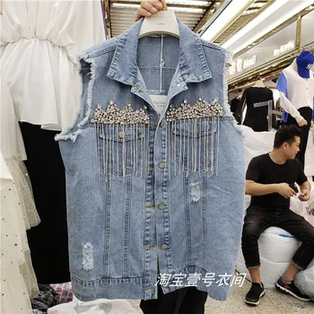 

European Style Denin Vest Woman 2019 Spring Clothing New Heavy Hand Bead Drill Loose Denim Clip Top Sleeveless Jacket Student