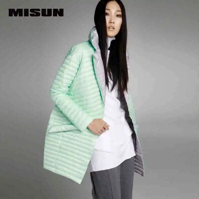 MISUN2017 spring thin down coat medium long down female patchwork color block thermal new arrival font