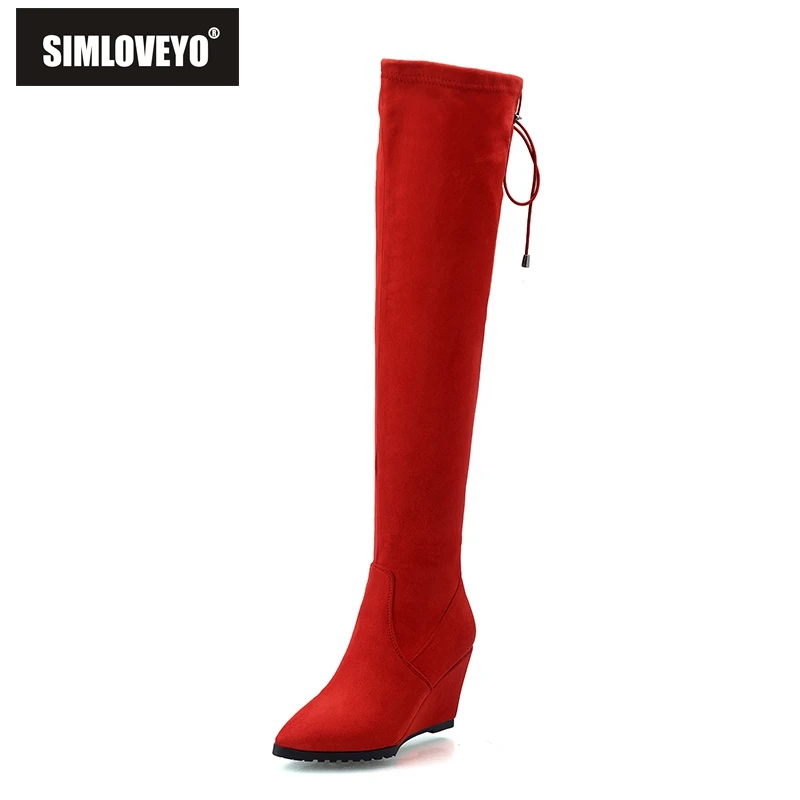 

SIMLOVEYO 2018 Warm Shoes With Fur Women Wedges Heels Buckle Knee High Boots Pointed Toe Flock Boots Over-the-knee Woman B685