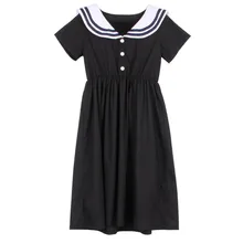 Летняя повседневная школьная форма из хлопка с матросским воротником для девочек-подростков от 6 до 16 лет Детское модное черное платье средней длины