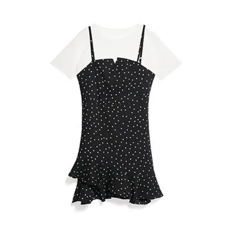 Yfashion/женская летняя белая футболка с круглым воротником + платье в горошек