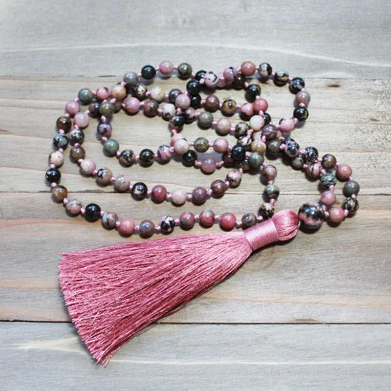 

High Quality 6mm Beads In Black And Pink Rhodonite Mala Necklace 108 Pink Mala Bead Boho Tassel Necklace Yoga Gift For Women
