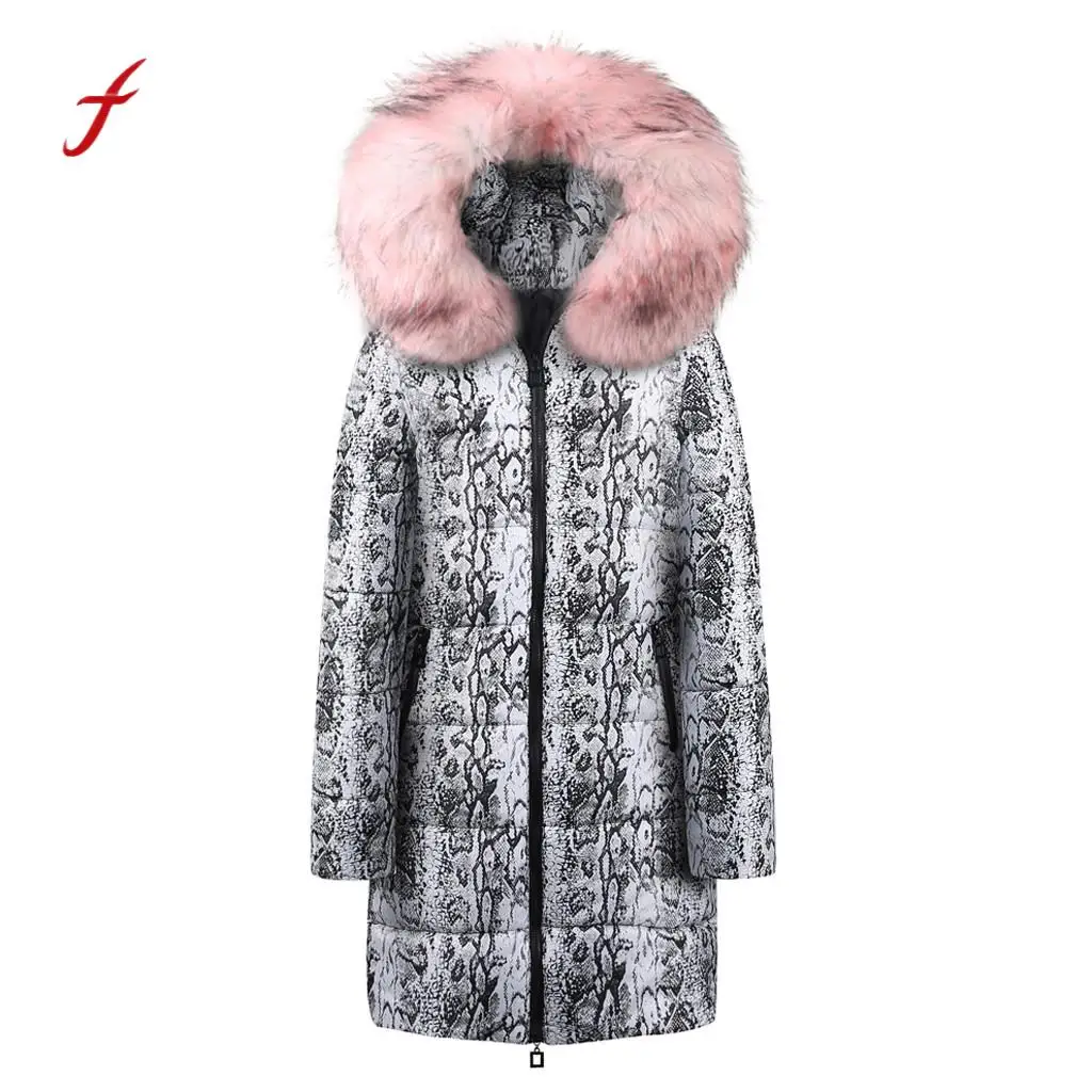 

Winter Warm Thick Coat Women's Long Down Cotton Snake Print Parka Large Size Casual Hooded Coat Jacket Outwear Parkas /PT