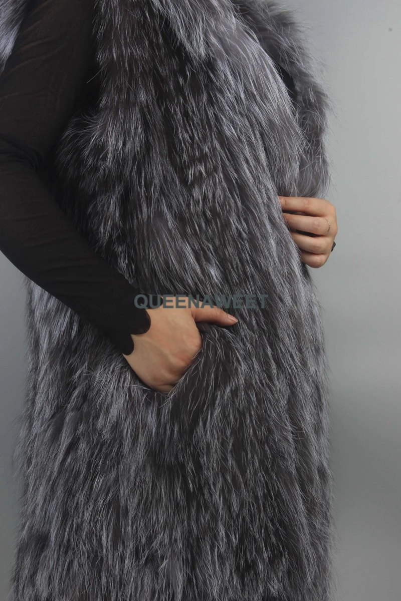 Длинный жилет из меха серебристой лисы с меховым капюшоном, натуральный вязаный мех, пальто без рукавов, женская верхняя одежда, зимняя теплая
