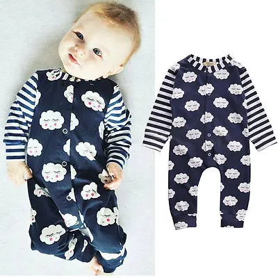 Симпатичные новорожденных малышей Одежда для маленьких мальчиков и девочек с длинным рукавом облака полосатый хлопок комбинезон 0-24 м