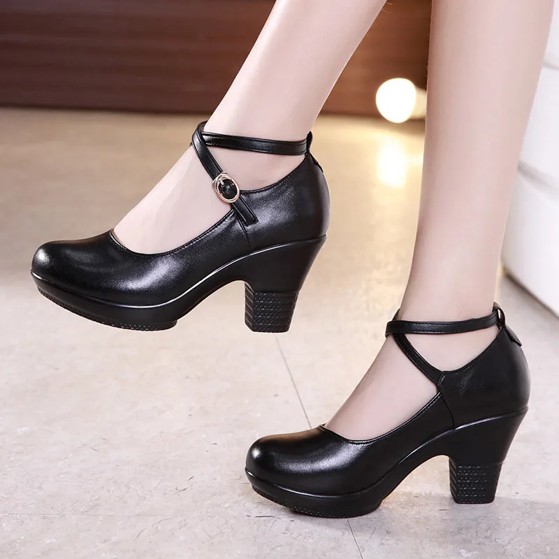 New 2019 Fashion Women Pumps With High Heels For Ladies Work Shoes Dancing Platform Pumps Women Genuine Leather Shoes Mary Janes