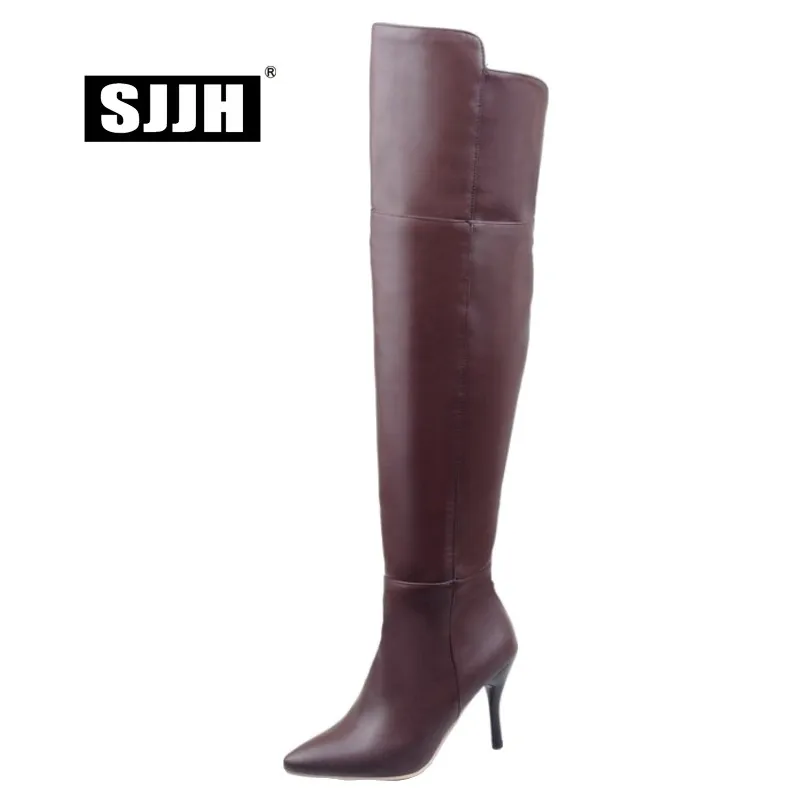 SJJH Women Stiletto Long Boots with Point Toe Zipper Soft Leather Over-the-Knee Boot Autumn Fashion Formal Shoes Large Size Q439