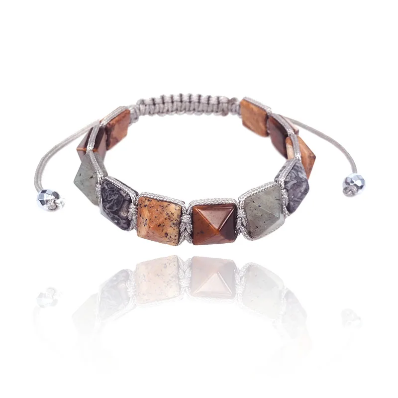

Thomas Tiger Eye Marble Jaspers Bead Braided Macrame Pyramid Bracelet, Natural Stone Rebel Heart Style Jewelry For Women & Men