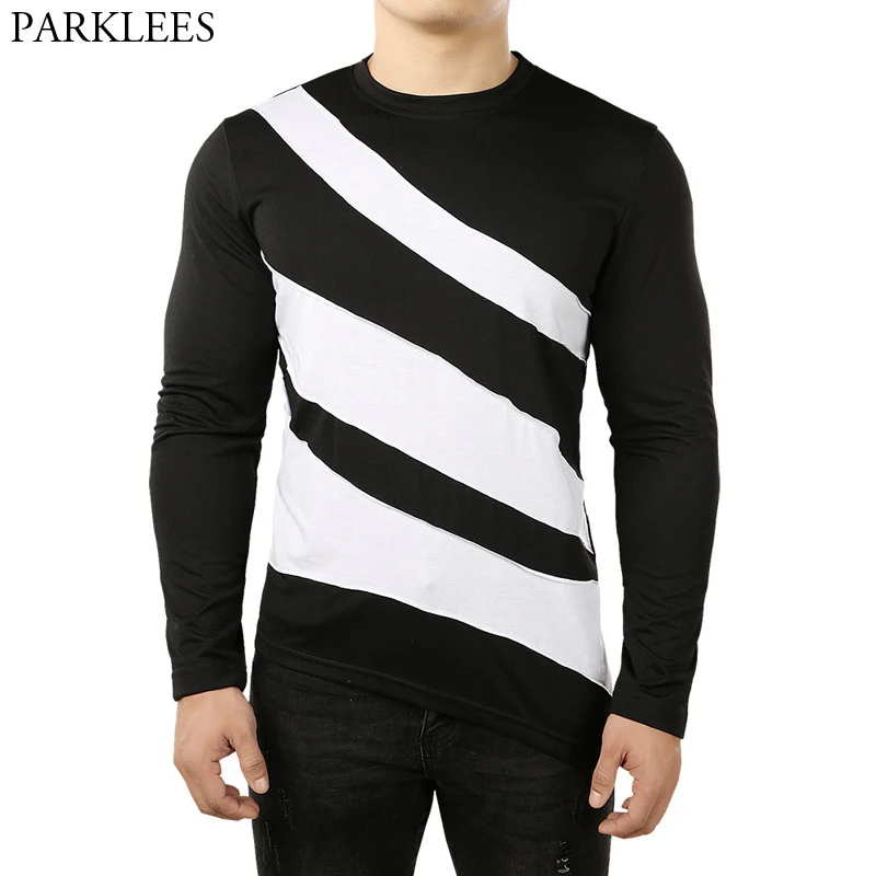 Black White Striped Irregular Hem T Shirt Men 2018 New Slim Fit Long