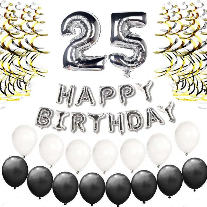 25th Happy Birthday Party Decorations Balloons Gold Silver Number