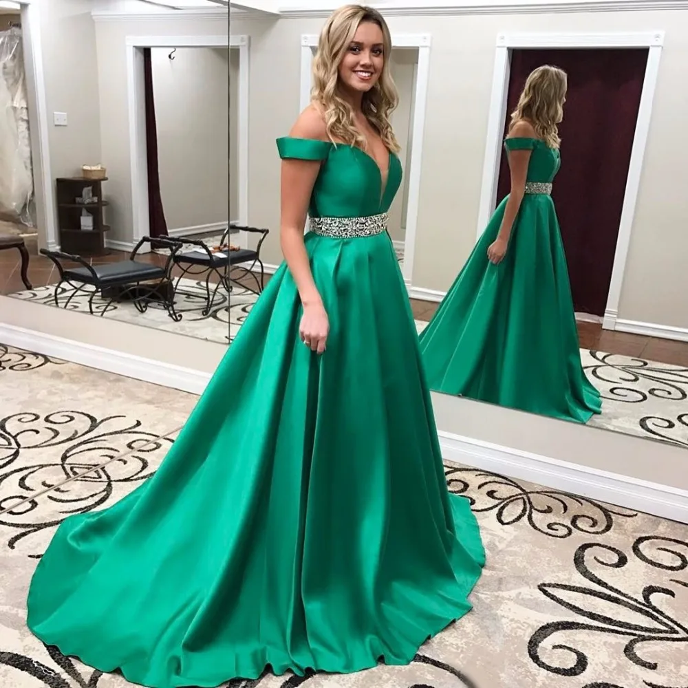 

Emerald Green Prom Dresses Long 2020 Satin Off Shoulder Evening Party Dresses Royal Blue Vestidos De Baile With Belt Abiye