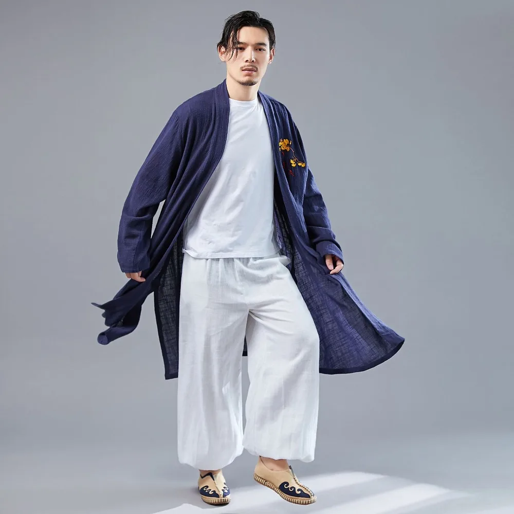 LZJN 2019 Casual Long Sleeve Shirt Summer Men's Vintage Embroidery Kimono Cardigan Cotton Linen Cloak Poncho Open Front Coat (16)